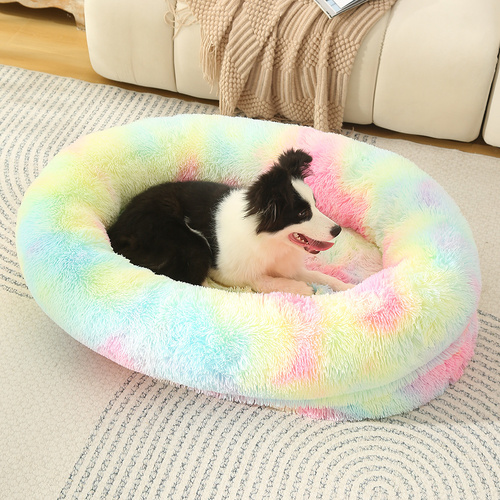 Fluffy Donut-Shaped Pet Bed- Soft, Cozy, and Anti-Anxiety for Dogs and Cats, Machine Washable  Rainbow-colored Size:L 90*65*20cm - Main Image