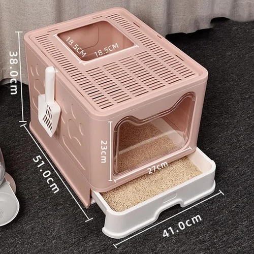 Foldable Cat Litter Box with Pull-Out Tray -Easy Cleaning and Anti-Splash Design  Pink 51*41*38cm - Main Image