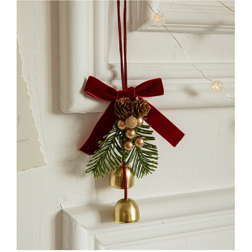Christmas Hanging Ornament with Pinecones, Bells, and Velvet Bow - 14x10cm Festive Decoration(3 PCS) - Main Image