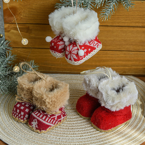 Knitted Christmas Boot Ornaments with Faux Fur Trim - Set of 3 Hanging Decorations - Main Image