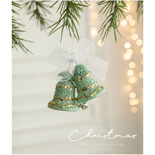 Green Glitter Christmas Bell Ornaments with White Bow - Hanging Holiday Decoration 5 pieces - Main Image