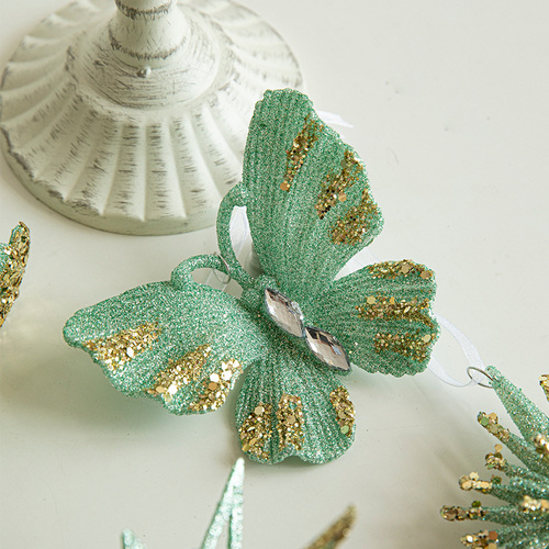 Green Glitter Butterfly Christmas Ornament with Gold Accents - Hanging Holiday Decoration 5 pieces - Main Image