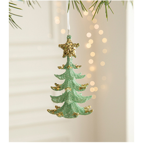 Green Glitter Christmas Tree Ornament with Gold Star Top - Hanging Festive Decoration 5 pieces - Main Image