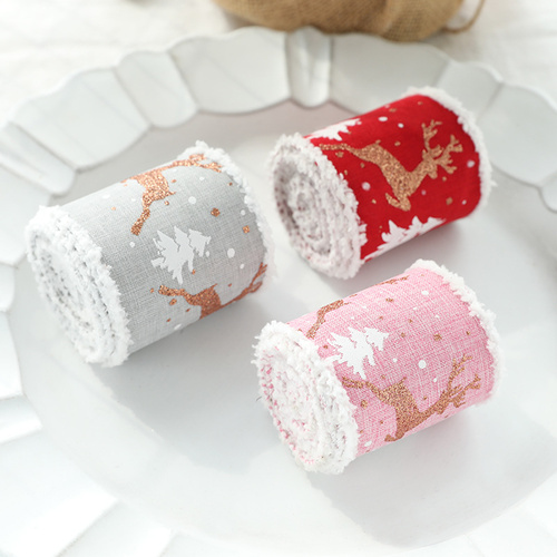 Christmas-Themed Decorative Wired Ribbon Burlap– Reindeer and Tree Print Rolled Fabric Set ,Diameter 6.8 cm, length 2 cm (two set, 6 pieces in total) - Main Image