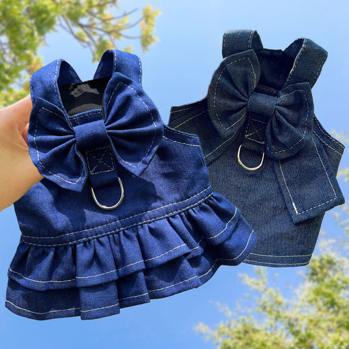 Pet Denim Harness Dress Set (2 Pieces) - M Size (42cm Chest for 5-8 lb Pets) with T-Shirt and Skirt, Bow,and Leash Ring - Main Image