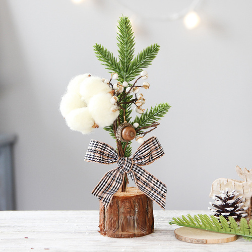 Mini Rustic Christmas Tree Decoration – 9.84 Inches Tall with Cotton and Plaid Bow Accents (4 trees) - Main Image