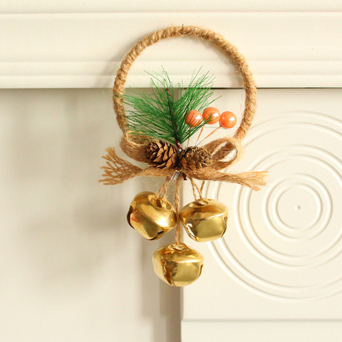 Rustic Christmas Ring Ornament with Gold Bells and Pinecones - Holiday Hanging Decor 10 pieces - Main Image