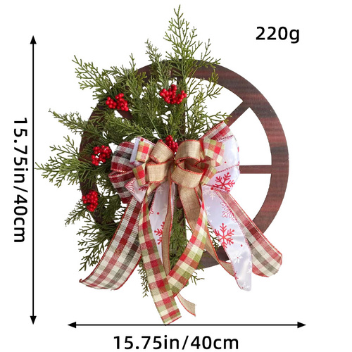Decorative Wooden Wagon Wheel Wreath with Seasonal Flowers and Bows - Christmas Decorative Door Hanging 40CM - Main Image