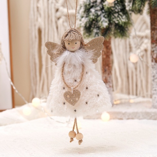 Fluffy Angel Hanging Ornament with Heart and Glitter Wings - Christmas Tree Decoration 16*10 cm White (6 pieces) - Main Image