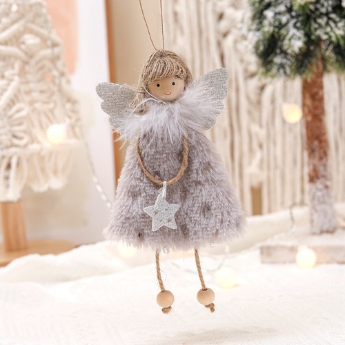 Fluffy Angel Hanging Ornament with Heart and Glitter Wings - Christmas Tree Decoration 16*10 cm Grey(6 pieces) - Main Image