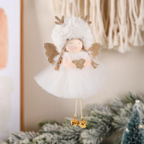 Gold and White Angel Ornament with Bells and Glitter Wings - Christmas Hanging Decoration 16*10*5cm  White colour (5 pieces) - Main Image