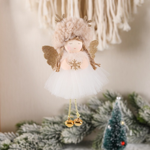 Gold and White Angel Ornament with Bells and Glitter Wings - Christmas Hanging Decoration 16*10*5cm Coffee colour (5 pieces) - Main Image