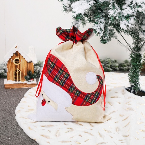 Large Santa Claus Gift Bag with Drawstring Closure - Plaid Christmas Sack for Holiday Presents (3 pieces) - Main Image