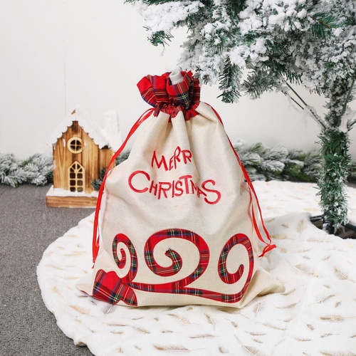 Large Merry Christmas Drawstring Gift Bag with Plaid Accents - Perfect for Holiday Presents (3 pieces) - Main Image