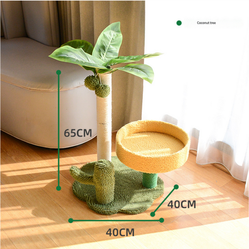 Cat Tree with Faux Leaves, Sisal Scratching Post, Cozy Bed, and Playful Toy - Main Image