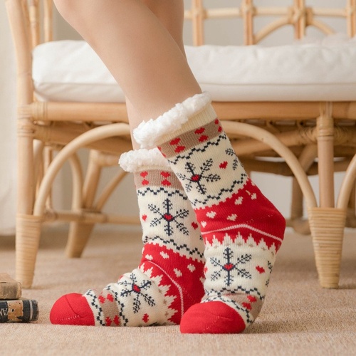 Festive Plush Christmas Socks , Warm Winter Slipper Socks with Snowflake Pattern, Non-slip floor socks Red Snowflake - Main Image