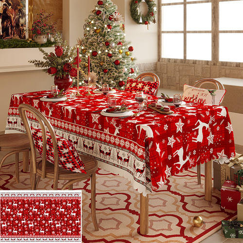 Christmas Reindeer Pattern Tablecloth - Festive Red Holiday Table Cover for Dining and Home Decor  140*220cm - Main Image