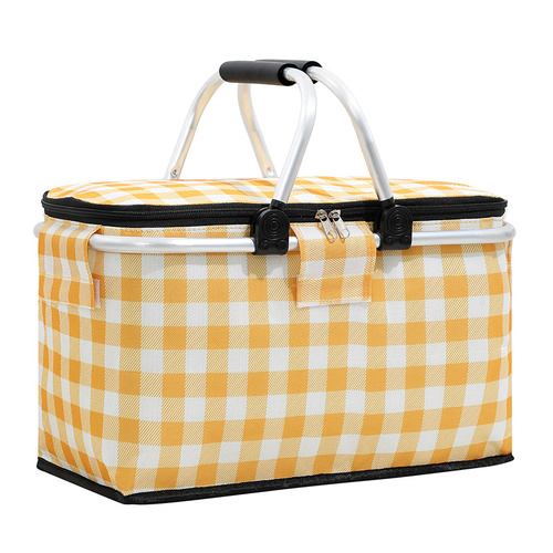 Insulated Picnic Basket with Aluminum Frame - Portable Collapsible Cooler Bag 18L 40*20*23cm(Yellow plaid) - Main Image