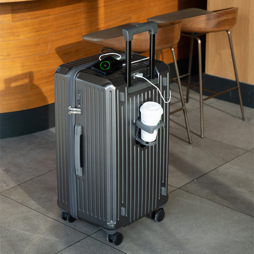 Smart Hard-Shell Luggage with USB Charging Port & Cup Holder - 20"Spinner Suitcase in Grey - Main Image