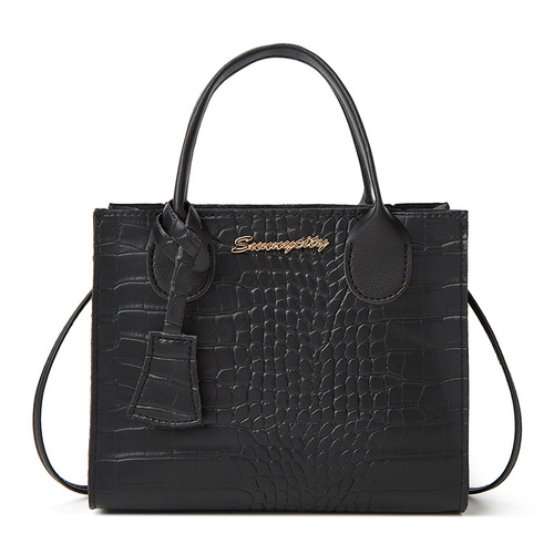 Elegant Crocodile Embossed Faux Leather Handbag - Black Tote with Dual Handle for Women 20*16*9cm - Main Image