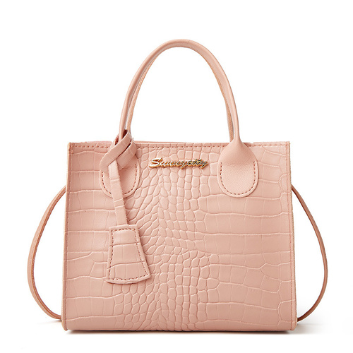 Elegant Crocodile Embossed Faux Leather Handbag - Pink Tote with Dual Handle for Women 20*16*9cm - Main Image