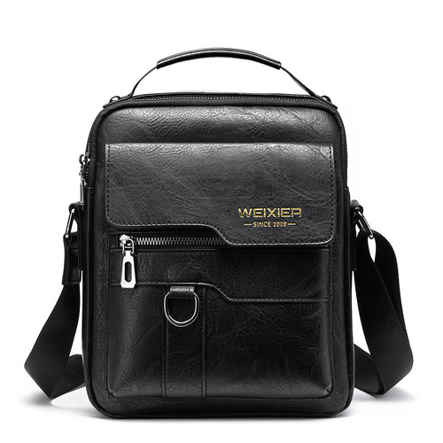 Men's Vintage Leather Shoulder Bag - Multi-Compartment Crossbody Messenger Bag 22cm(L)*8cm(W)*26cm(H)(Black) - Main Image