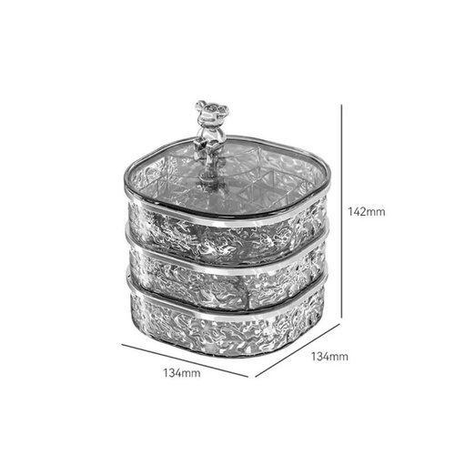 Elegant Crystal Stackable Jewelry Organizer with Bear Handle - 3-Tier Display Box for Accessories 13.4*13.4*14.2cm (grey) - Main Image