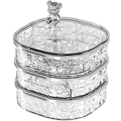 Elegant Crystal Stackable Jewelry Organizer with Bear Handle - 3-Tier Display Box for Accessories 13.4*13.4*14.2cm - Main Image