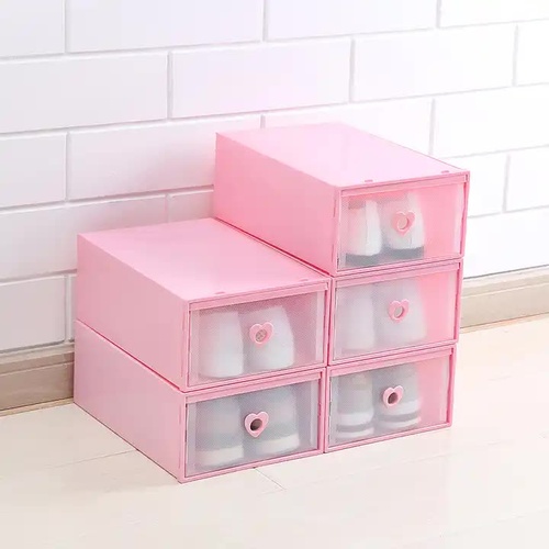 Stackable Transparent Shoe Storage Boxes with Heart-Shaped Handles (Set of 5) 31*20*12cm Pink - Main Image