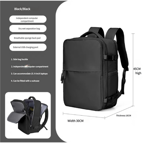 Water-Resistant Laptop Backpack with USB Charging Port and Wet-Dry Separation (Black) - Main Image