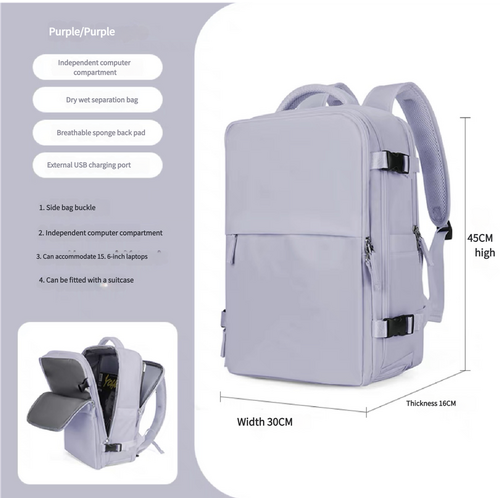Water-Resistant Laptop Backpack with USB Charging Port and Wet-Dry Separation (Purple) - Main Image