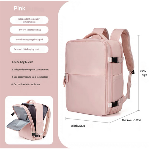Water-Resistant Laptop Backpack with USB Charging Port and Wet-Dry Separation (Pink) - Main Image