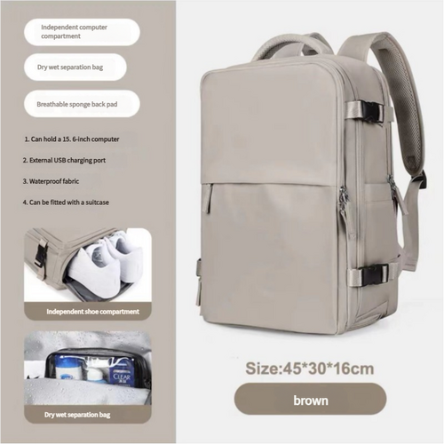 Water-Resistant Laptop Backpack with USB Charging Port and Wet-Dry Separation (Brown) - Main Image