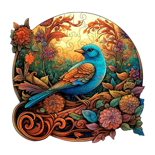 Colorful Bluebird Round Wooden Puzzle - Intricate Floral Art Design(S-paper box-H185) - Main Image