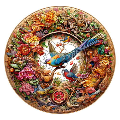 Intricate Garden Birds Round Wooden Puzzle - Vibrant Nature-Themed Artwork(M-paper box-H188) - Main Image
