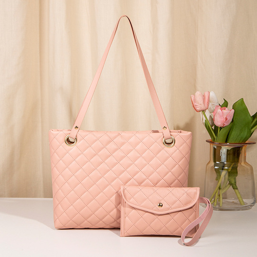 Elegant Quilted Tote Bag with Matching Clutch in Soft Pink - Main Image