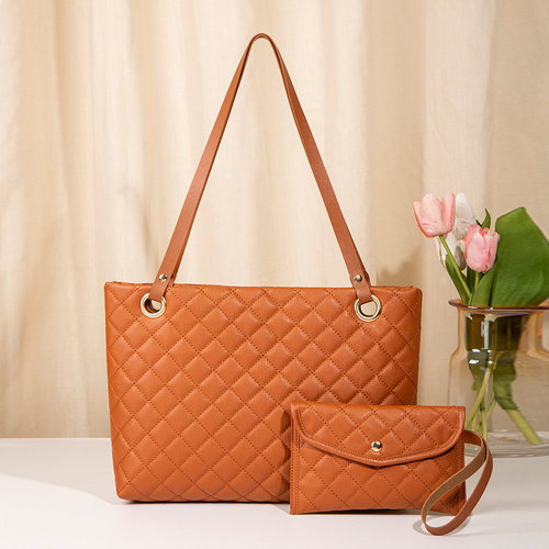 Elegant Quilted Tote Bag with Matching Clutch in  Brown - Main Image