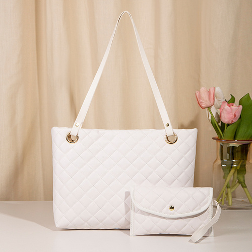 Elegant Quilted Tote Bag with Matching Clutch in White - Main Image