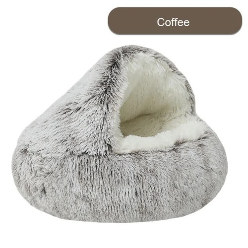 Cozy Coffee Plush Hooded Pet Bed - Ultra Soft Long Fur Cave Bed for Small Pets 40cm - Main Image
