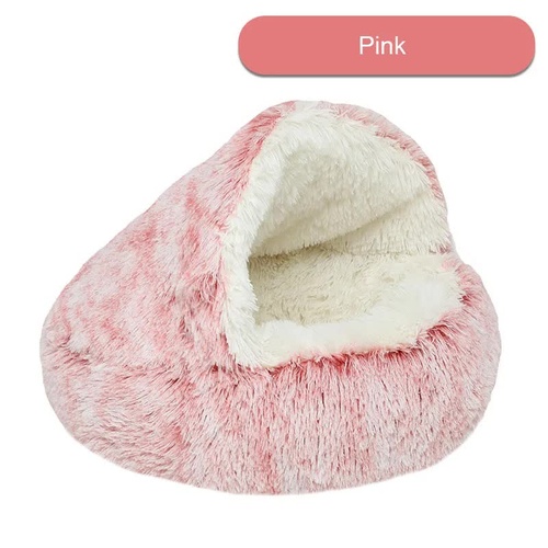Cozy Pink Plush Hooded Pet Bed - Ultra Soft Long Fur Cave Bed for Small Pets 40cm - Main Image