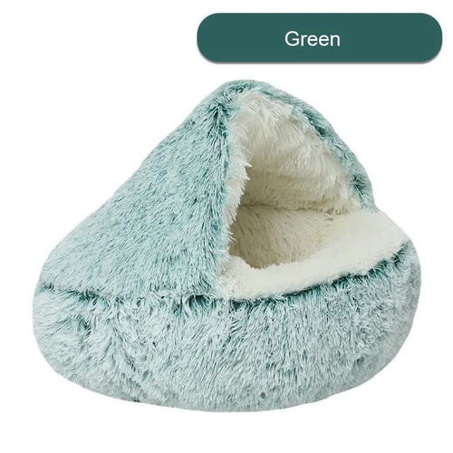 Cozy Green Plush Hooded Pet Bed - Ultra Soft Long Fur Cave Bed for Small Pets 50cm - Main Image