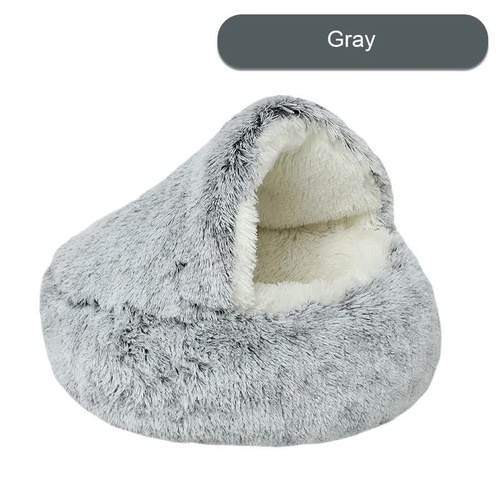 Cozy Gray Plush Hooded Pet Bed - Ultra Soft Long Fur Cave Bed for Small Pets 50cm - Main Image