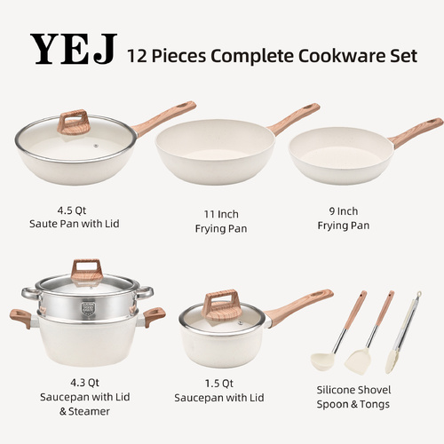 YEJ 12-Piece Non-Stick Complete Cookware Set | Pots, Pans & Utensils  (White) - Main Image
