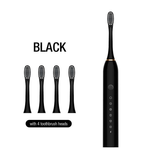 X-3 Sonic Electric Toothbrush, 4 Replacement Brush Heads, and USB Charging Cable - Sleek Black Design - Main Image