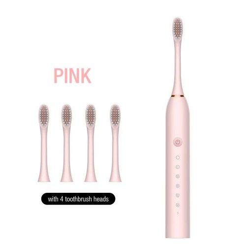 X-3 Sonic Electric Toothbrush, 4 Replacement Brush Heads, and USB Charging Cable - Sleek Pink Design - Main Image