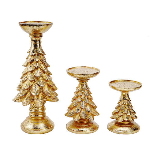 Set of 3 Gold Christmas Tree Candle Holders - Festive Resin Pillar Stands, Elegant Holiday Decor - Main Image
