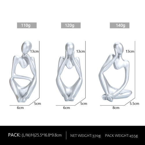 Abstract Thinker Sculpture Set - Silver Resin Figurines, Modern Art Home Decor, Set of 3 - Main Image