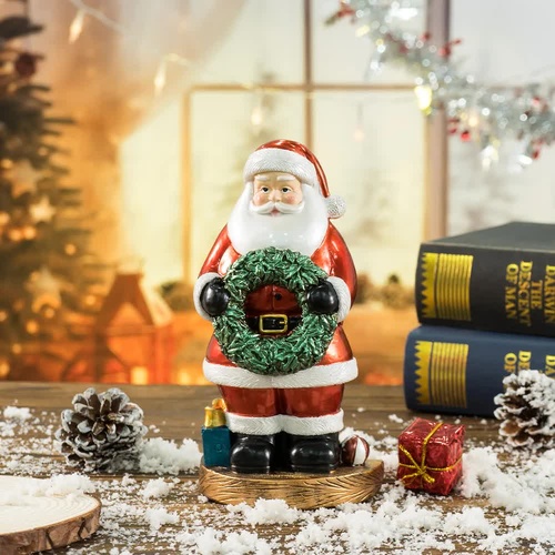 Santa Claus Figurine with Wreath - 18cm Festive Resin Christmas Decoration - Main Image