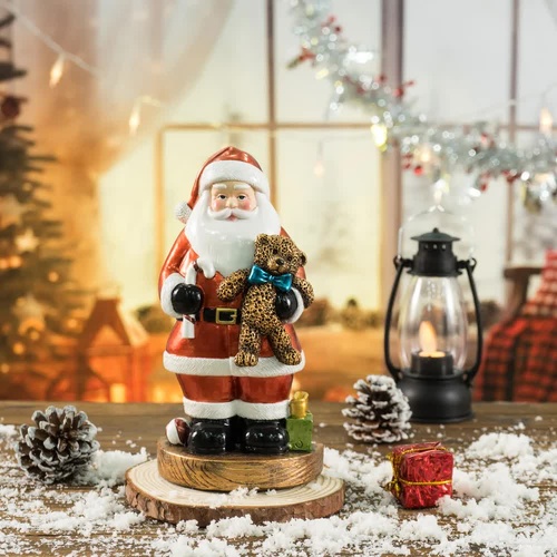 Santa Claus Figurine with Bear - 18cm Festive Resin Christmas Decoration - Main Image