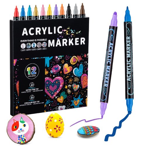 Dual-Tip Acrylic Marker Set - 1-5mm Round Tip & 1mm Fine Tip for Art and Craft Projects 12 colors - Main Image